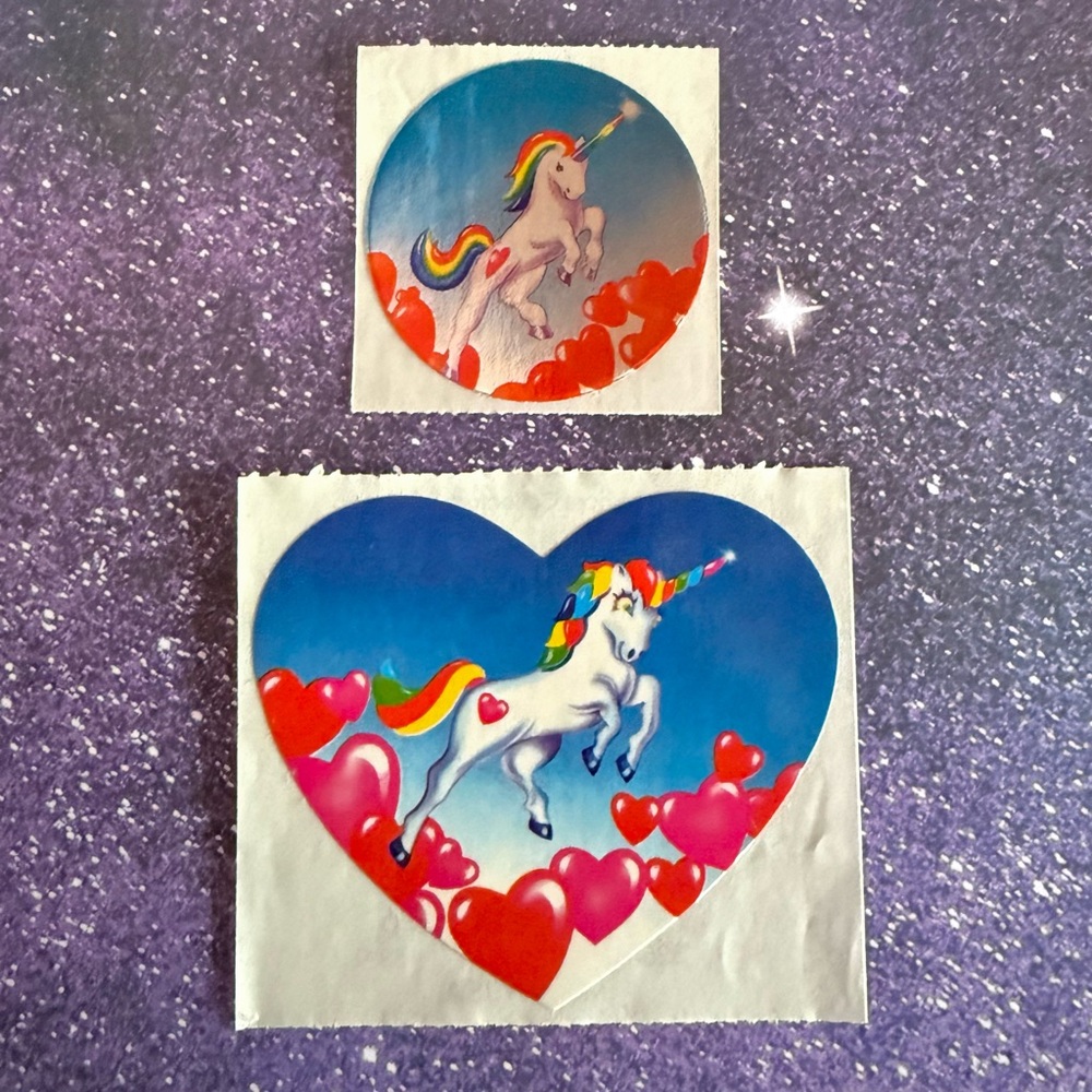 Vintage 80s Lisa Frank Rare Unicorn Stickers Large Heart and Round Metallic